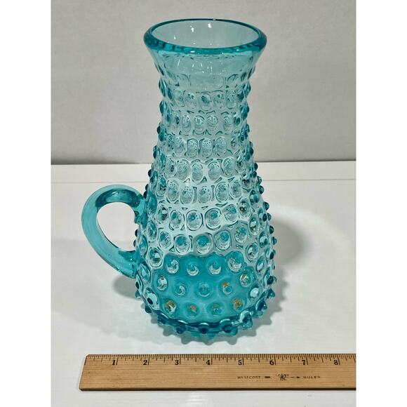 Vintage Handblown Hobnail Glass Aqua Blue Large 9.75" Tall Handled Pitcher - Picture 10 of 12